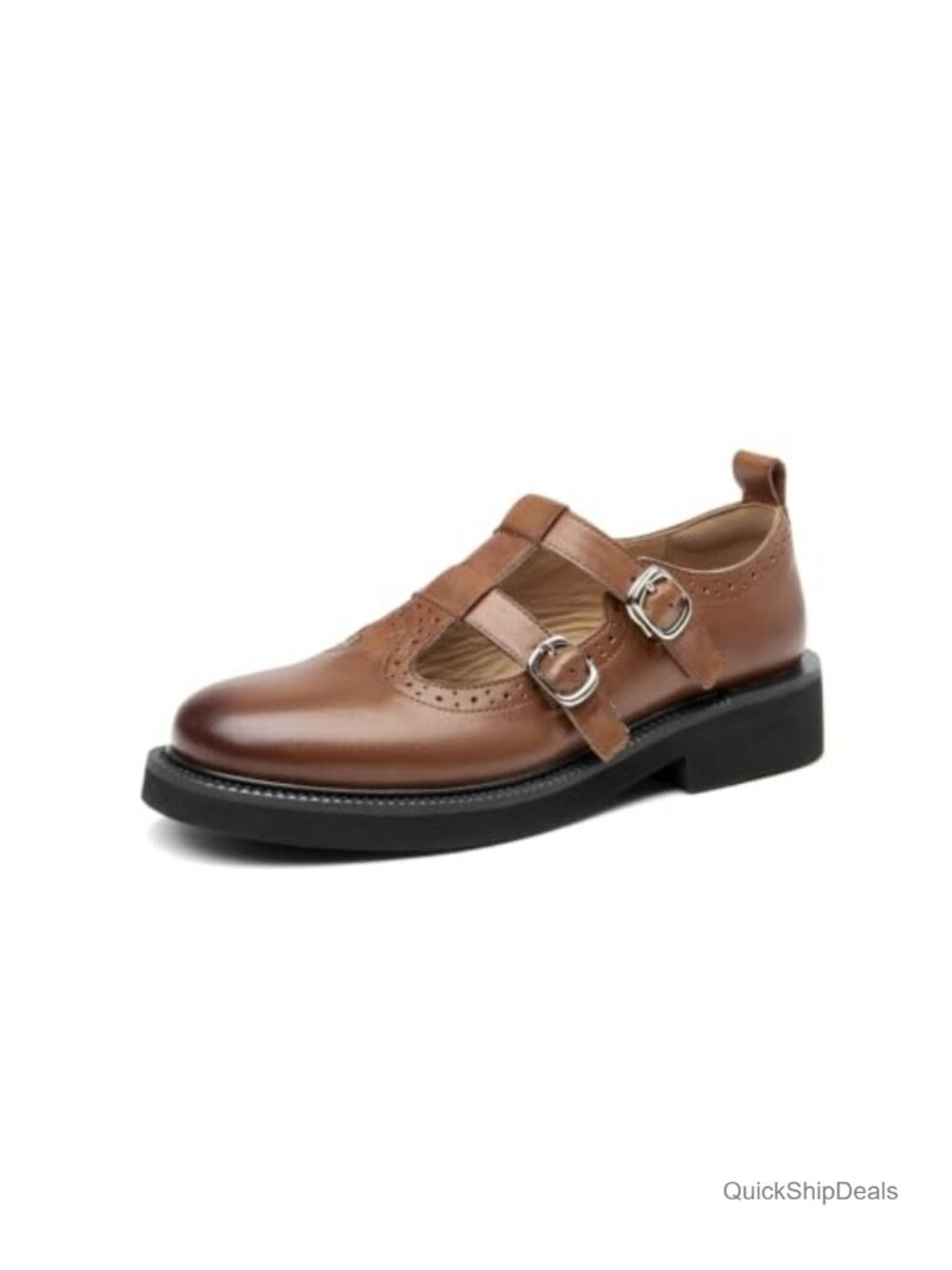 Women's Leather Mary Jane Oxfords T-Strap Low Block Heel Brogue Round Toe